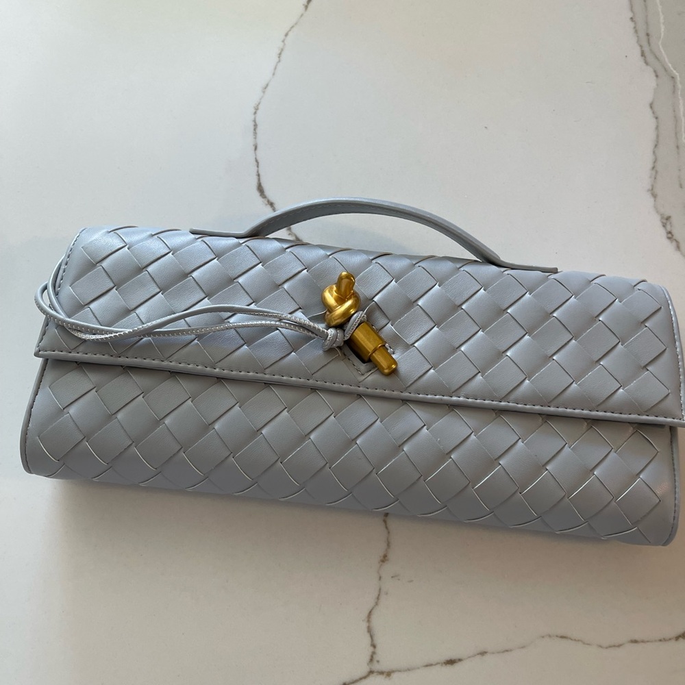 Andiamo inspired Gray Woven Clutch w/ shoulder strap gold hardware
